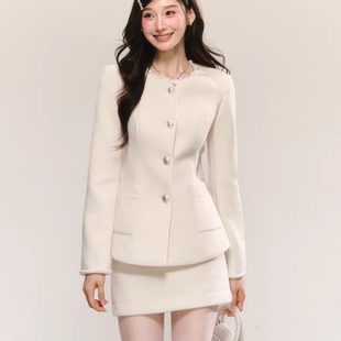 QDQD MIU系千金感毛呢外套珍珠圆领收腰显瘦设计秋冬半身裙两件套