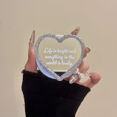 银色闪粉爱心镜面英文支架适用 MagSafe手机强力磁吸伸缩支架桌面