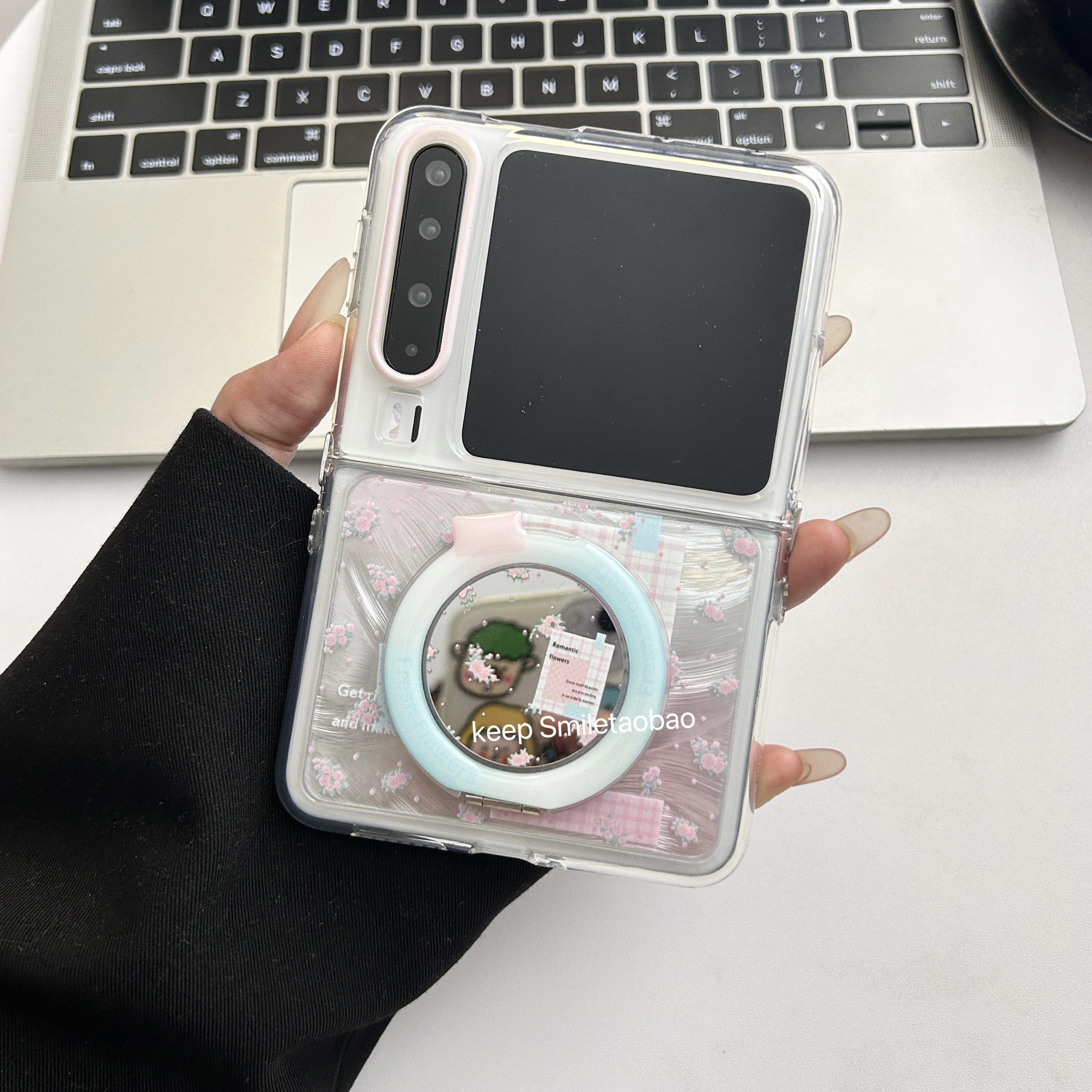 韩风拼接格纹花朵适用适用华为PuraX手机壳小米mixflip折叠屏pokcet2镜面360度旋转支架三星zflip6/5硬壳羽纱