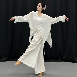 新款古典舞蹈服现代舞女白色交领宽松练功服身韵仙气古典舞中国风