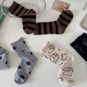 秋冬儿童韩版 加厚半边绒波点条纹中筒袜男女童中性风保暖袜子童袜