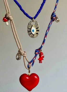 跨境新款多巴胺彩绳不锈钢配件爱心恶魔之眼吊坠多彩时尚个性项链