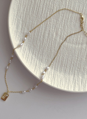 小众设计感珍珠拼接金属链条项链 ins个性简约百搭锆石锁骨链配饰