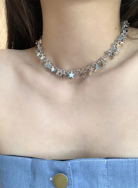 繁星银色星星流苏辣妹项链韩国ins小众设计choker