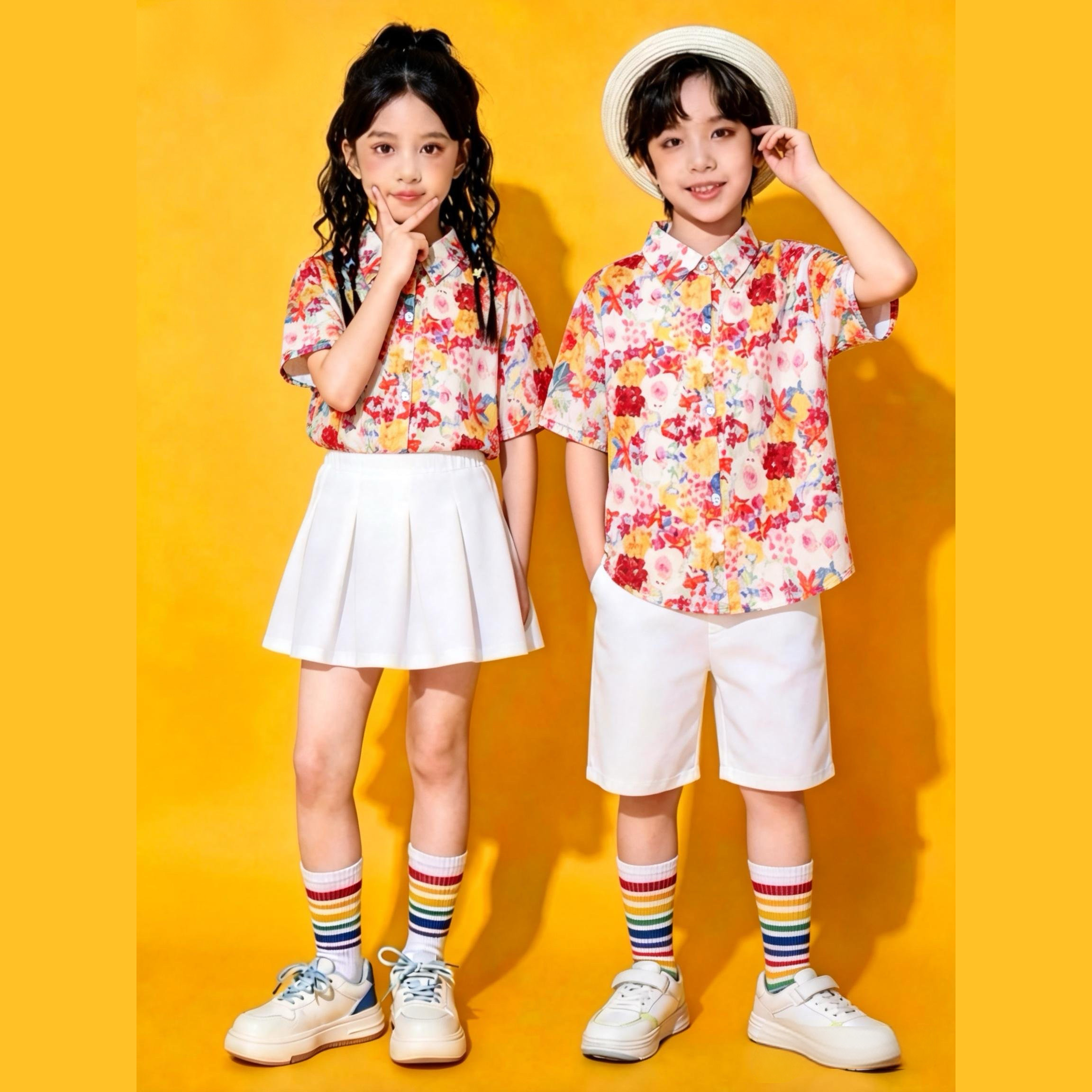 六一港风花衬衣护花使者复古儿童演出服运动会幼儿园小学舞蹈表演