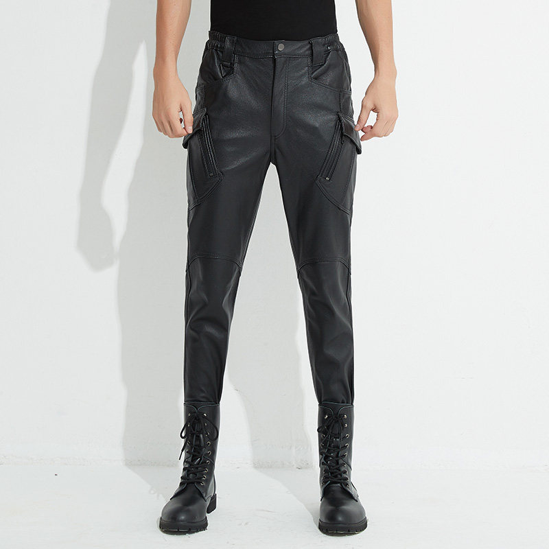HAINING  가죽 바지 남성용 염소 가죽 탄성 허리 오버올 멀티 포켓 캐주얼 오토바이 바지 충전 바지 트렌디 브랜드