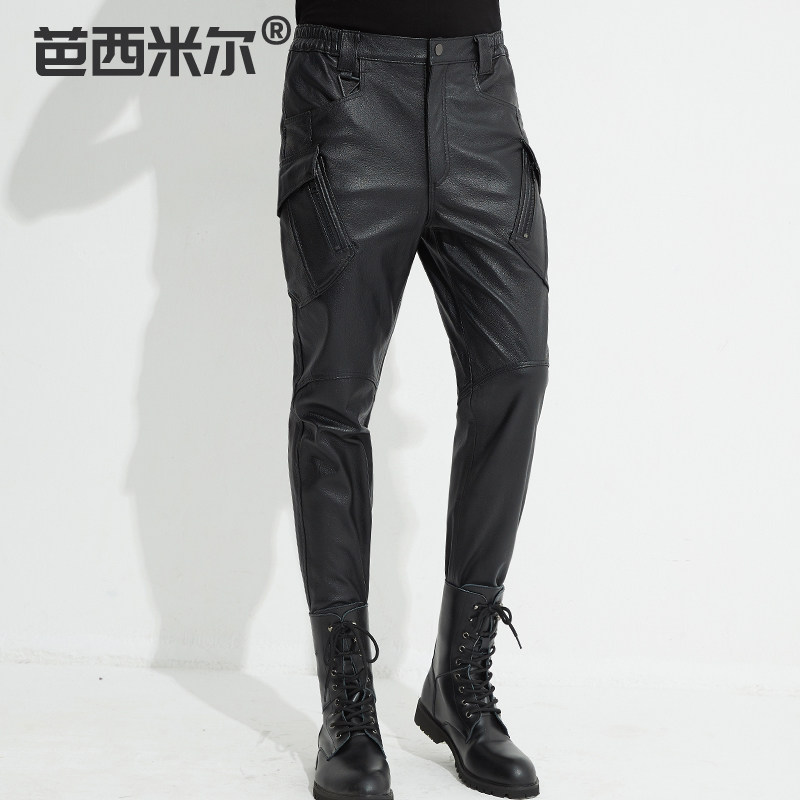 HAINING  가죽 바지 남성용 염소 가죽 탄성 허리 오버올 멀티 포켓 캐주얼 오토바이 바지 충전 바지 트렌디 브랜드