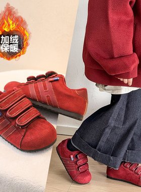 ABC defier女童德训鞋加绒红色运动鞋魔术贴软底保暖小宝宝休闲鞋