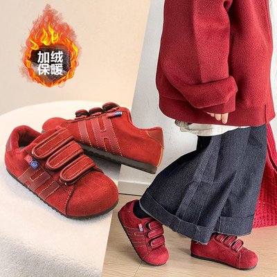 ABC defier女童德训鞋加绒红色运动鞋魔术贴软底保暖小宝宝休闲鞋