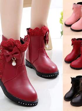 ABC defier女童靴子加绒中筒靴大红色公主皮靴时尚蕾丝儿童马丁靴