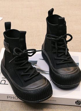 ABC defier女童鞋透气飞织袜子鞋高帮马丁靴秋款潮牌时尚黑色单靴