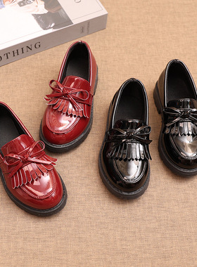 ABC DEIFER女童小皮鞋百搭英伦风乐福鞋小学生黑色单鞋红色一脚蹬