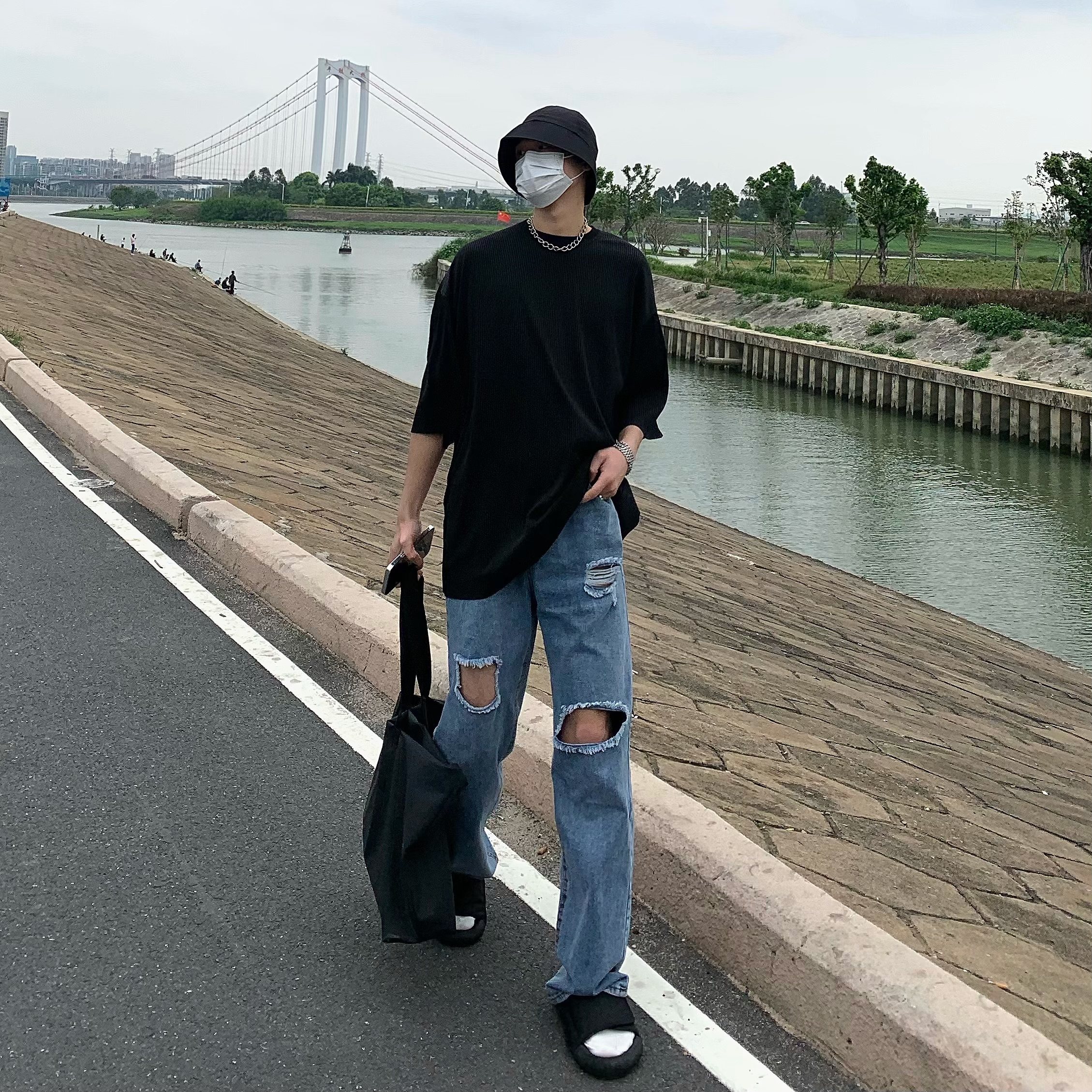 beancurd 蓝色破洞直筒牛仔裤夏季百搭高腰显瘦修身阔腿裤长裤