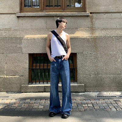 复古做旧水洗直筒阔腿长裤