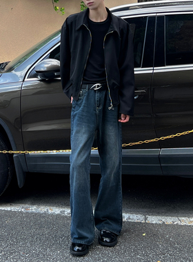 BEANCURD 复古深蓝美式微宽松牛仔裤港风直筒高腰喇叭裤by8666