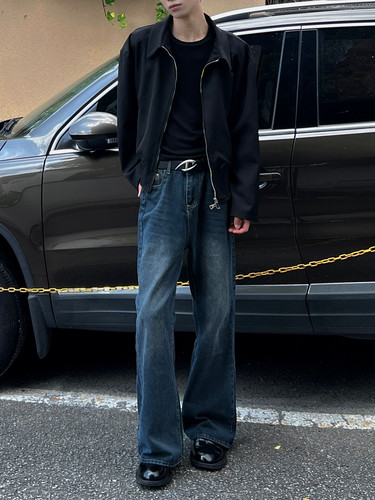 BEANCURD 复古深蓝美式微宽松牛仔裤港风直筒高腰喇叭裤by8666