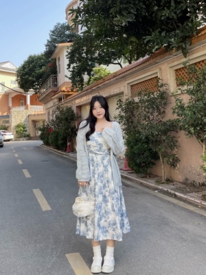 法式A字型玫瑰印花吊带款