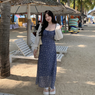 DEMA小德玛 蓝色雪纺吊带碎花连衣裙气质修身 显瘦海边长裙子大码