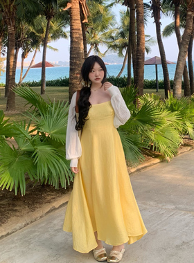 DEMA小德玛法式温柔风黄色吊带裙春夏新款度假超仙海边收腰连衣裙
