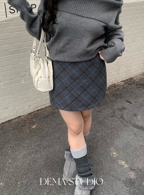 DEMA小德玛 复古格纹半身裙女秋冬高腰A字短裙学院风显瘦大码裙子