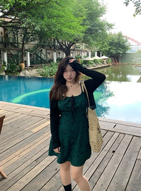 DEMA小德玛 绿色印花裙夏季海边度假抽绳显瘦吊带连衣裙微胖大码