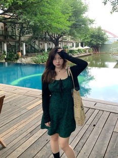 DEMA小德玛 绿色印花裙夏季 海边度假抽绳显瘦吊带连衣裙微胖大码