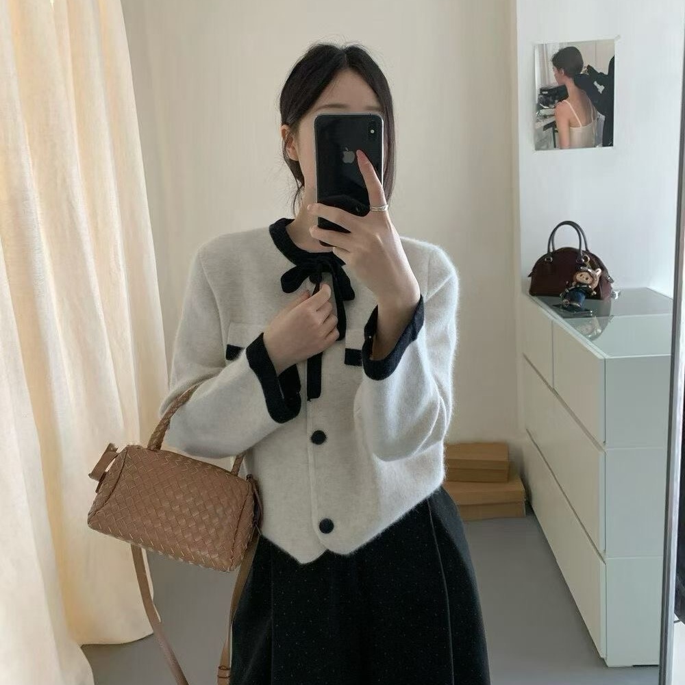 小香风时尚蝴蝶结针织开衫外套女2025秋冬新款洋气减龄单排扣上衣