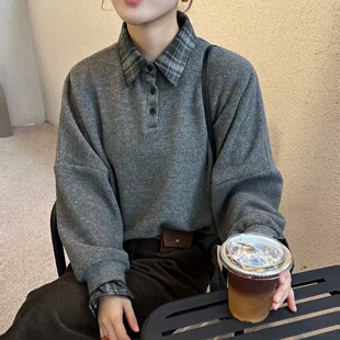 设计感纽扣拼接翻领假两件卫衣女2025秋冬新款 小个子洋气磨毛上衣