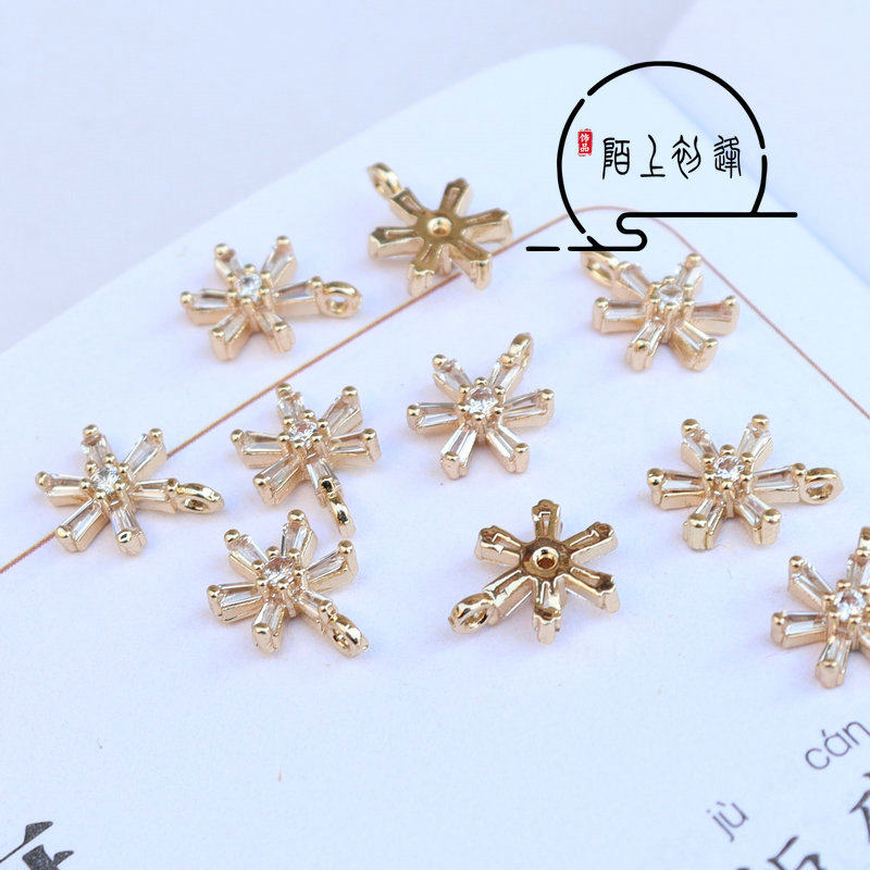 纯铜保色电镀微镶锆石六瓣雪花吊坠 diy手工璎珞流苏项链耳环材料