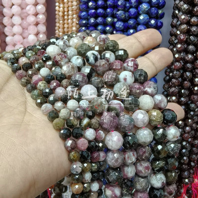天然原矿 碧玺切面散珠6-10mm碧玺切面圆珠半成品DIY手链饰品配件