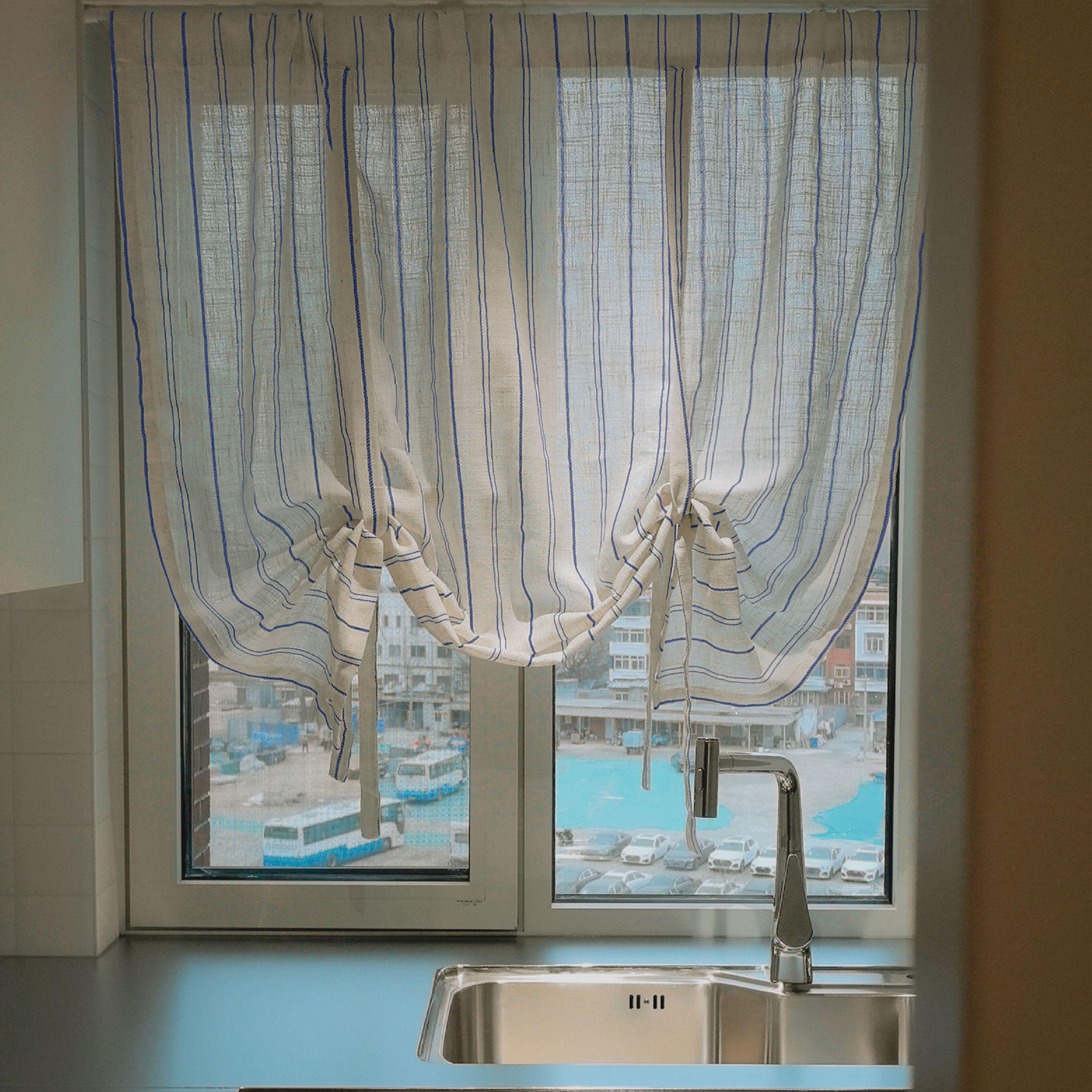 蓝条纹日式棉麻纱帘提拉帘系带帘小窗户茶室中古厨房橱窗短帘隔断,居家布艺,定制窗帘,淘宝优惠券,粉丝福利购,淘宝优惠卷