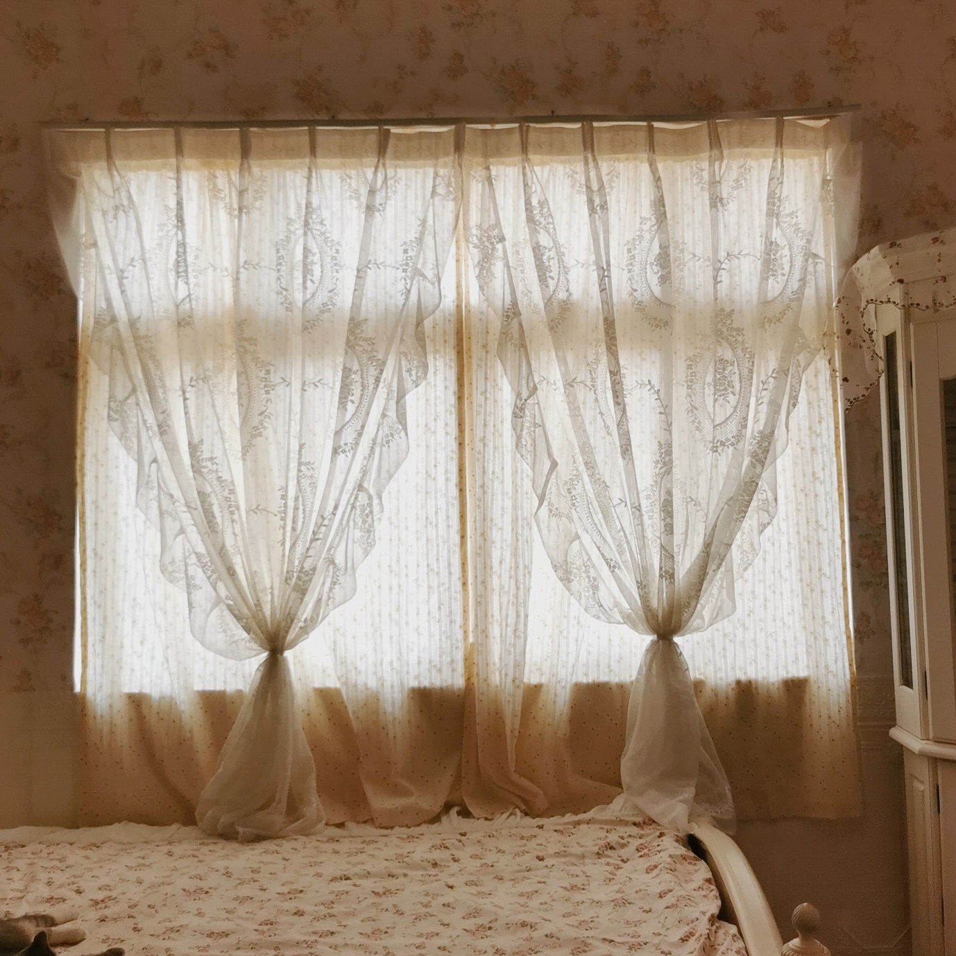 思幔田园碎花双层布纱一体蕾丝纱法式洛可可复古窗帘飘窗ins卧室