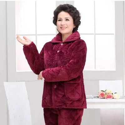 妈妈冬季睡衣三层加厚珊瑚绒夹棉