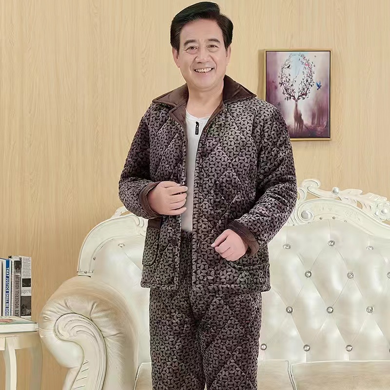 爸爸冬季睡衣男三层加厚珊瑚绒夹棉袄爷爷时尚家居服老年人外套装