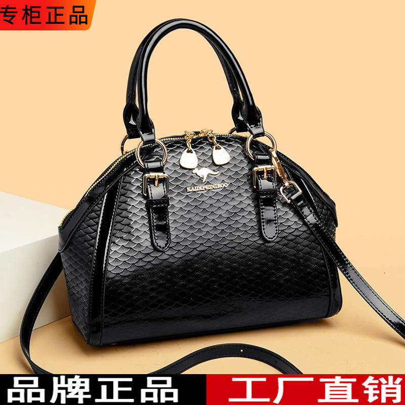 真皮牛皮手提包包女2024新款亮面鳄鱼纹单肩斜挎包大容量用妈妈包