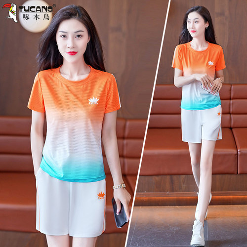 啄木鸟冰丝速干五分裤运动套装女2025新款夏季短袖短裤跑步两件套