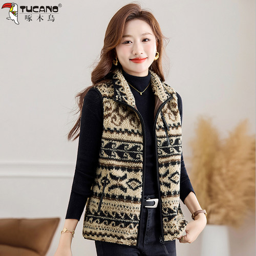 啄木鸟摇粒绒马甲女2025新款冬季加厚花纹羊羔绒保暖背心马夹外套