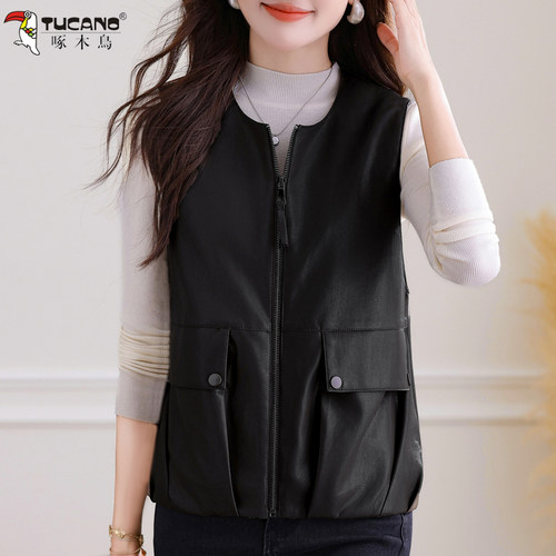 啄木鸟皮马甲女2025春秋新款妈妈装时尚洋气无袖坎肩背心马夹外套