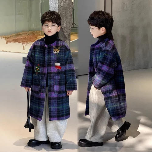 男童加绒蓝色格子大衣2025冬季新款韩版长款加厚保暖外套