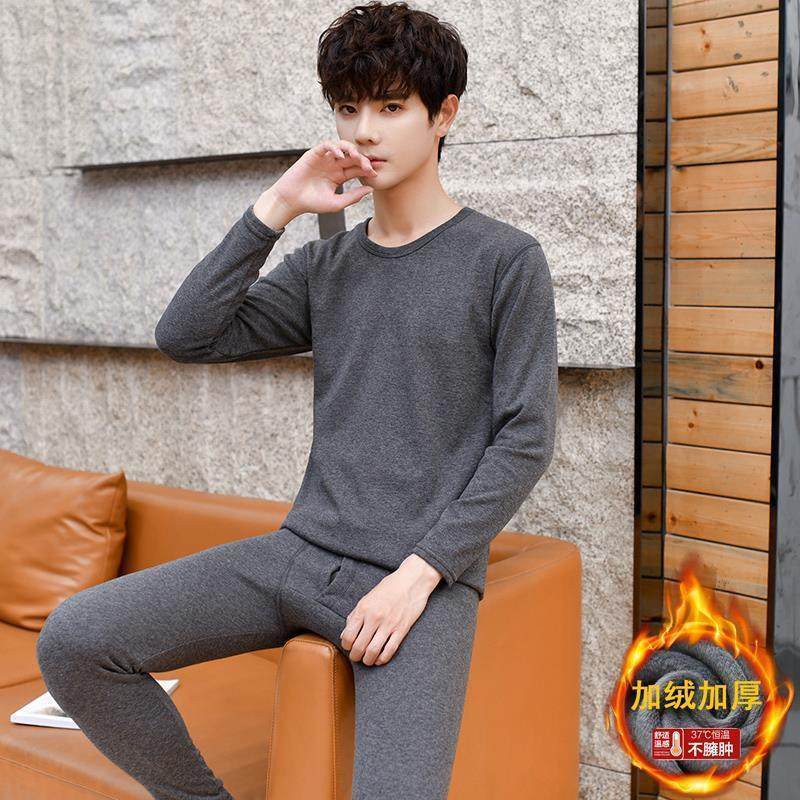 가을 옷과 가을 바지 단색 남성 중년 및 노인 열 속옷 중간 칼라 바닥 스웨터 세트
