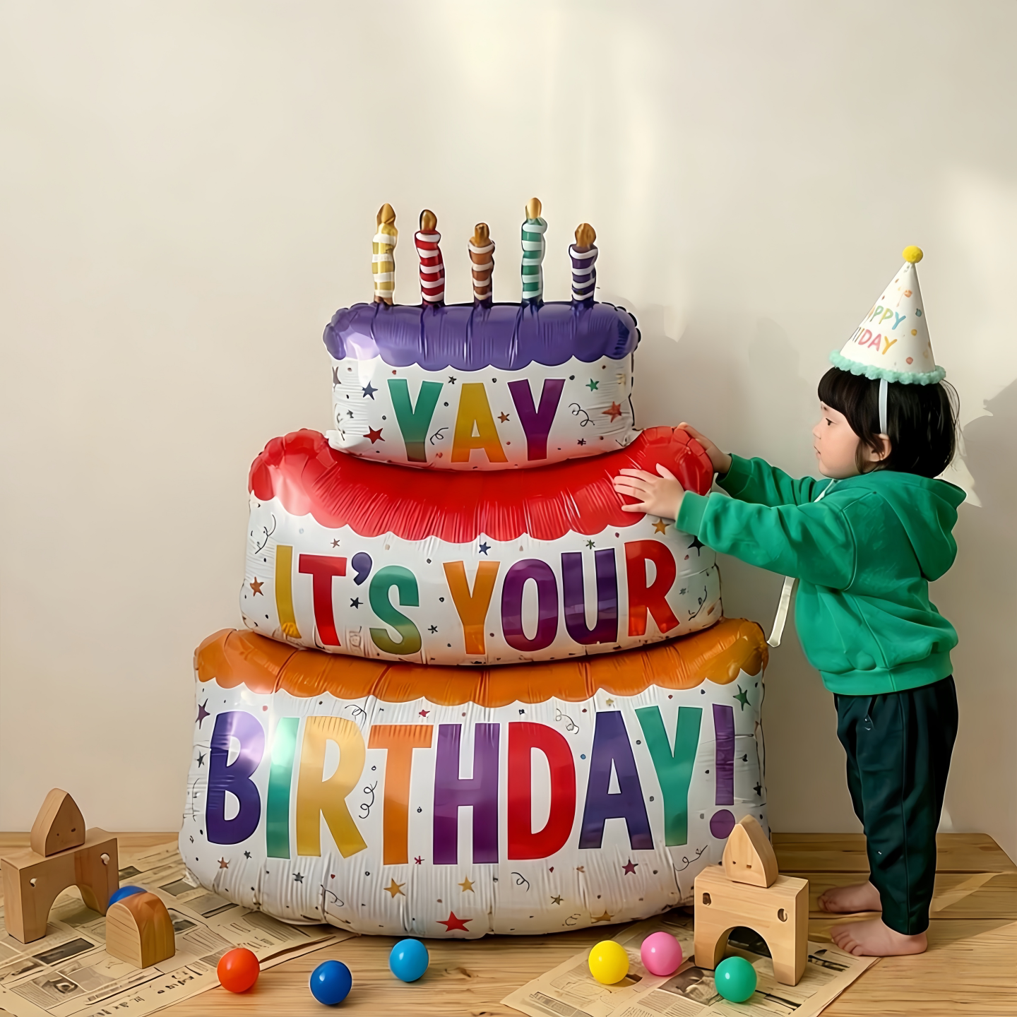 超大彩色蛋糕铝膜气球三层大号蜡烛气球宝宝儿童生日派对装饰布置