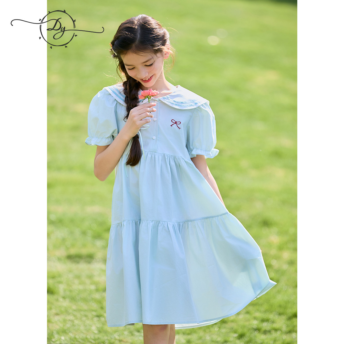 大童女童连衣裙海军领泡泡袖学院风夏季薄款透气收腰显瘦学生裙子