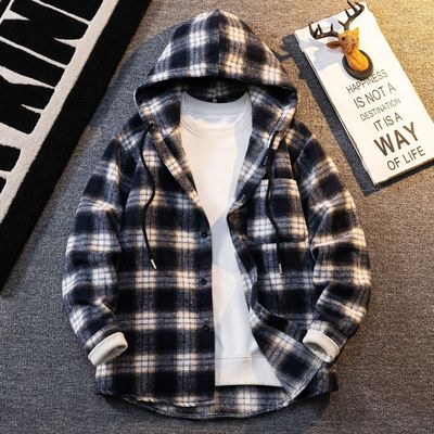 圆领印花字母数字蓝白连帽格子衬衫男春秋季美式复古休闲宽松长袖