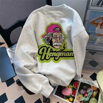 印花圆领卫衣男春秋男款无帽冬重磅小领口男潮白色黑色青少年