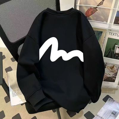 印花圆领卫衣男春秋男款无帽冬重磅小领口男潮白色黑色青少年