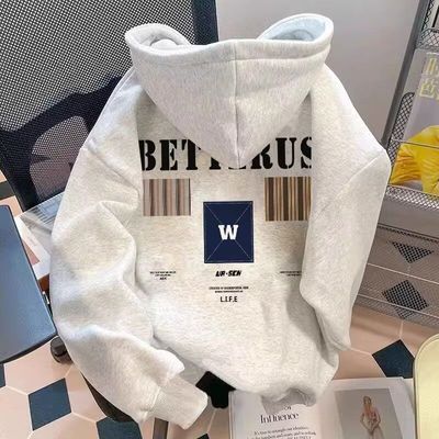 男生新款卫衣男款美式印花连帽春秋字母冬重磅加绒加厚白灰色黑色