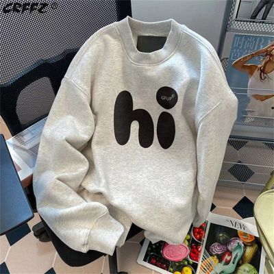 印花圆领卫衣男春秋男款无帽冬重磅小领口男潮白色黑色青少年