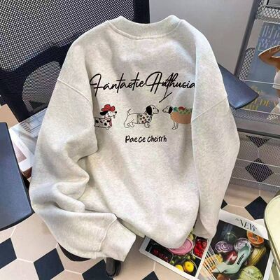 印花圆领卫衣男春秋男款无帽冬重磅小领口男潮白色黑色青少年