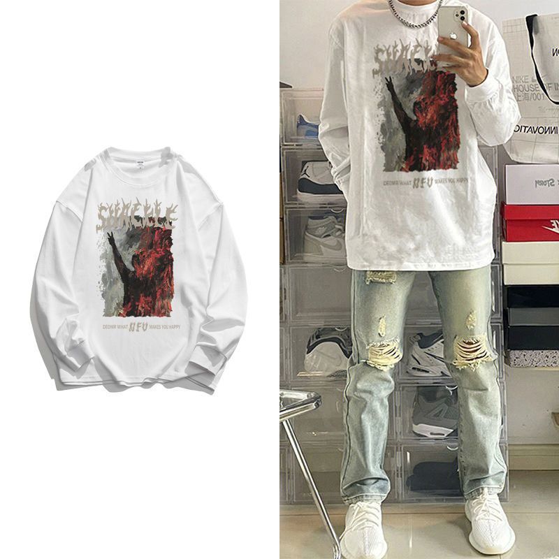 打底衫男韩版潮流打底衫 美式260g重磅长袖T恤小领口打底衫内搭黑