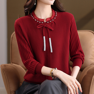 女装 羊毛衫 钉珠设计高级感款 式 针织上衣 春秋新品 大码 蕾丝拼接薄款